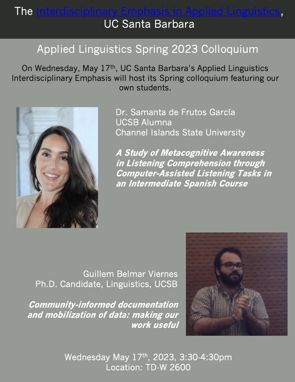 Applied LInguistics Spring 2023 Colloquium Applied Linguistics UC